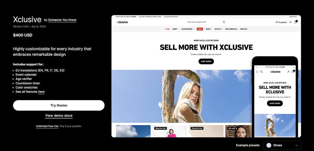 Xclusive Shopify Theme Store Listing