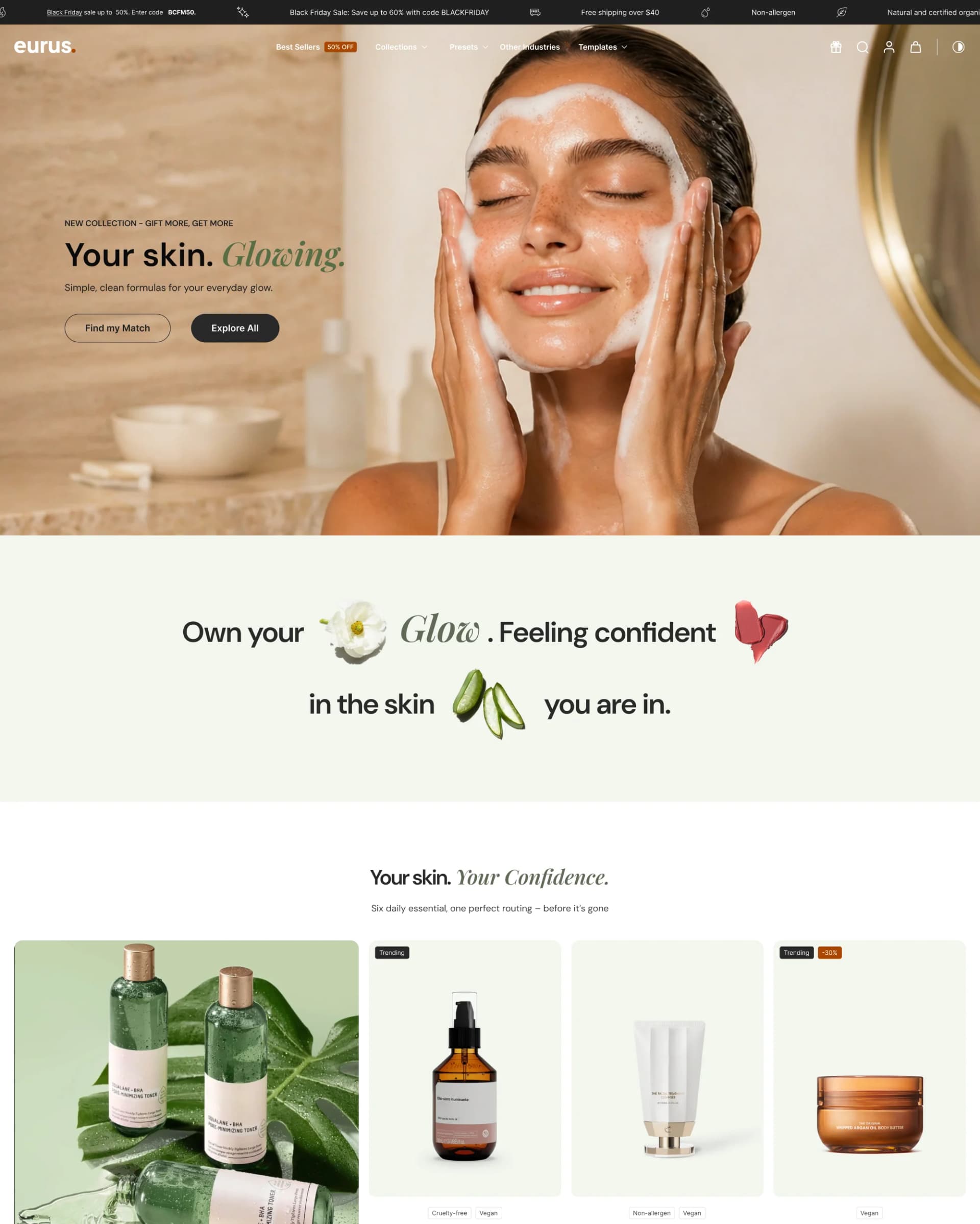 Eurus Shopify theme storefront preview showing beauty and health sections and bundle builder