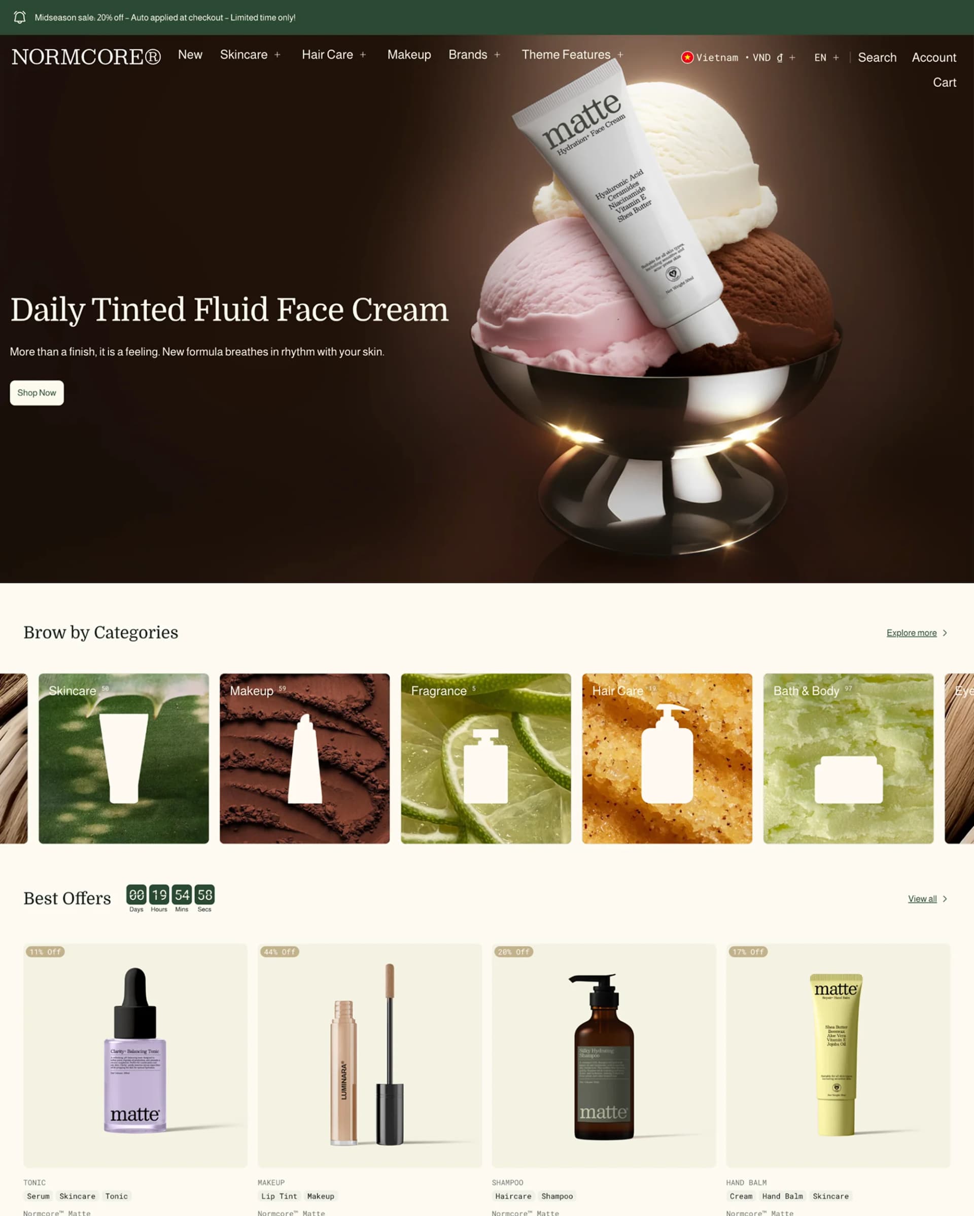 Normcore Matte preset storefront preview showing skin-type filtering and ingredient storytelling