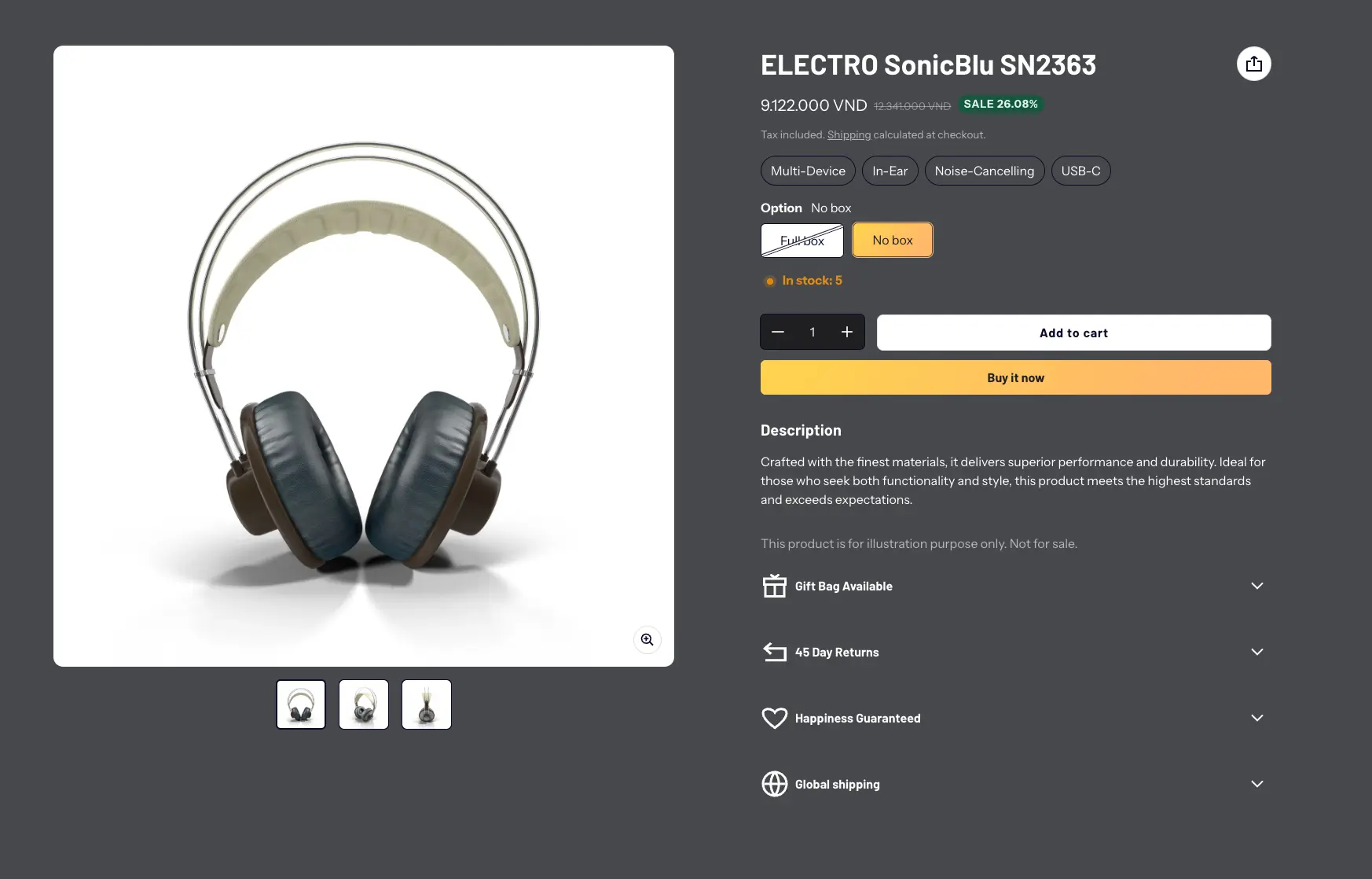 Electro product page with structured spec and attribute display