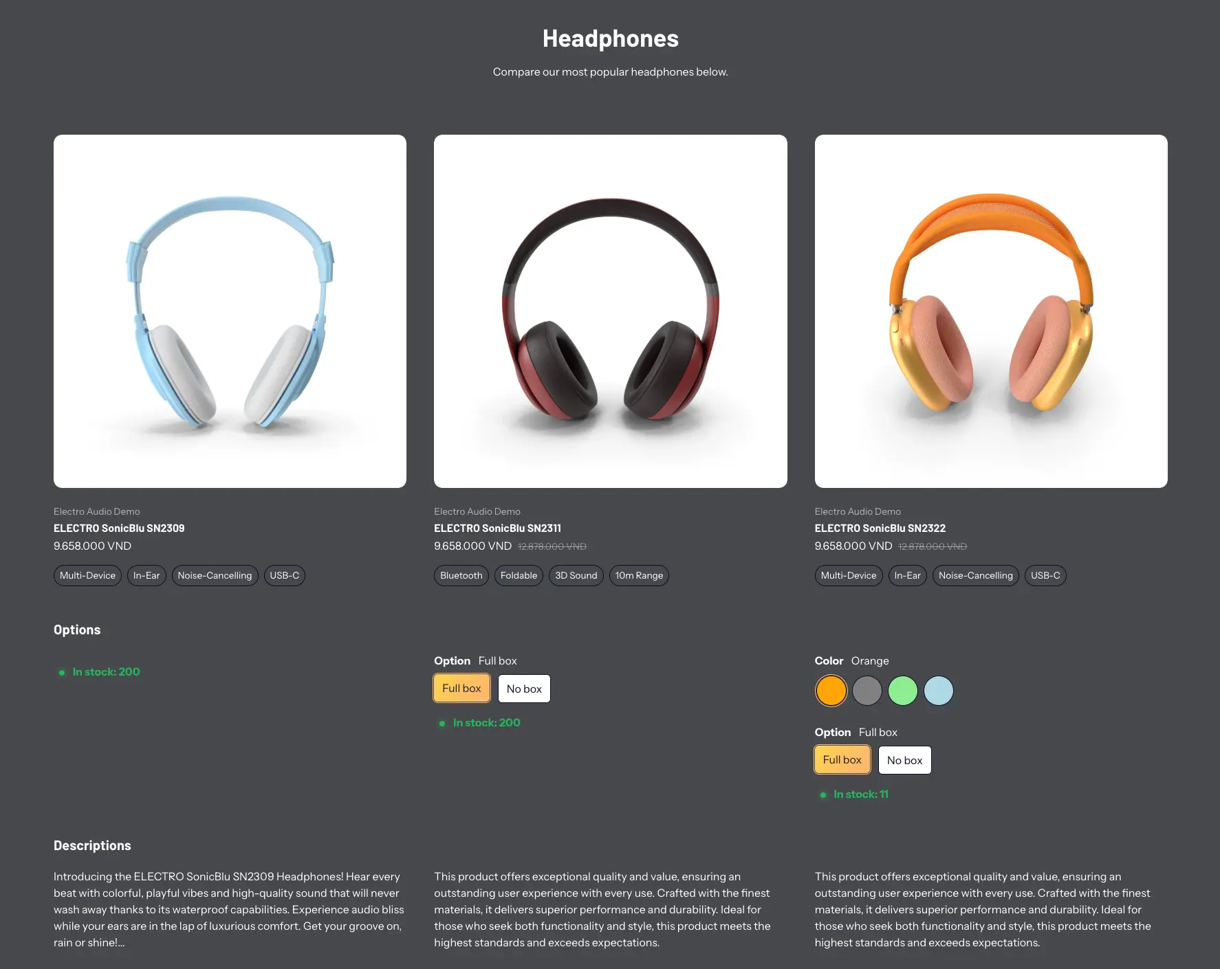 Electro comparison tool showing side-by-side product specs