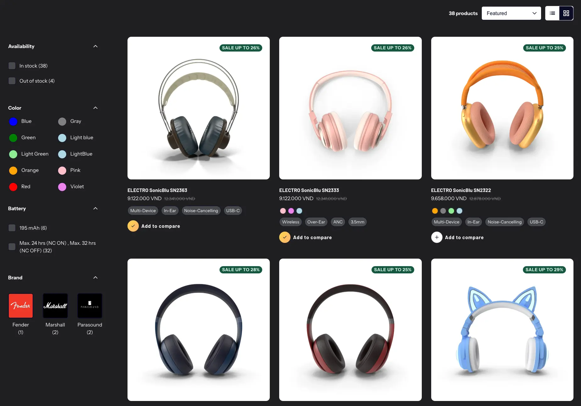 Electro filter panel with brand, spec, and compatibility filters