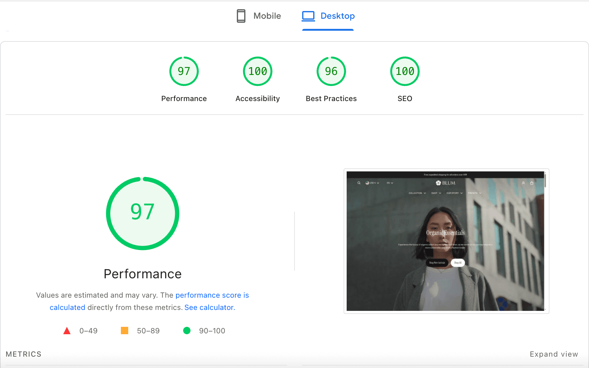 Blum is the best Shopify theme for SEO with SEO score of 100 and speed score of 97
