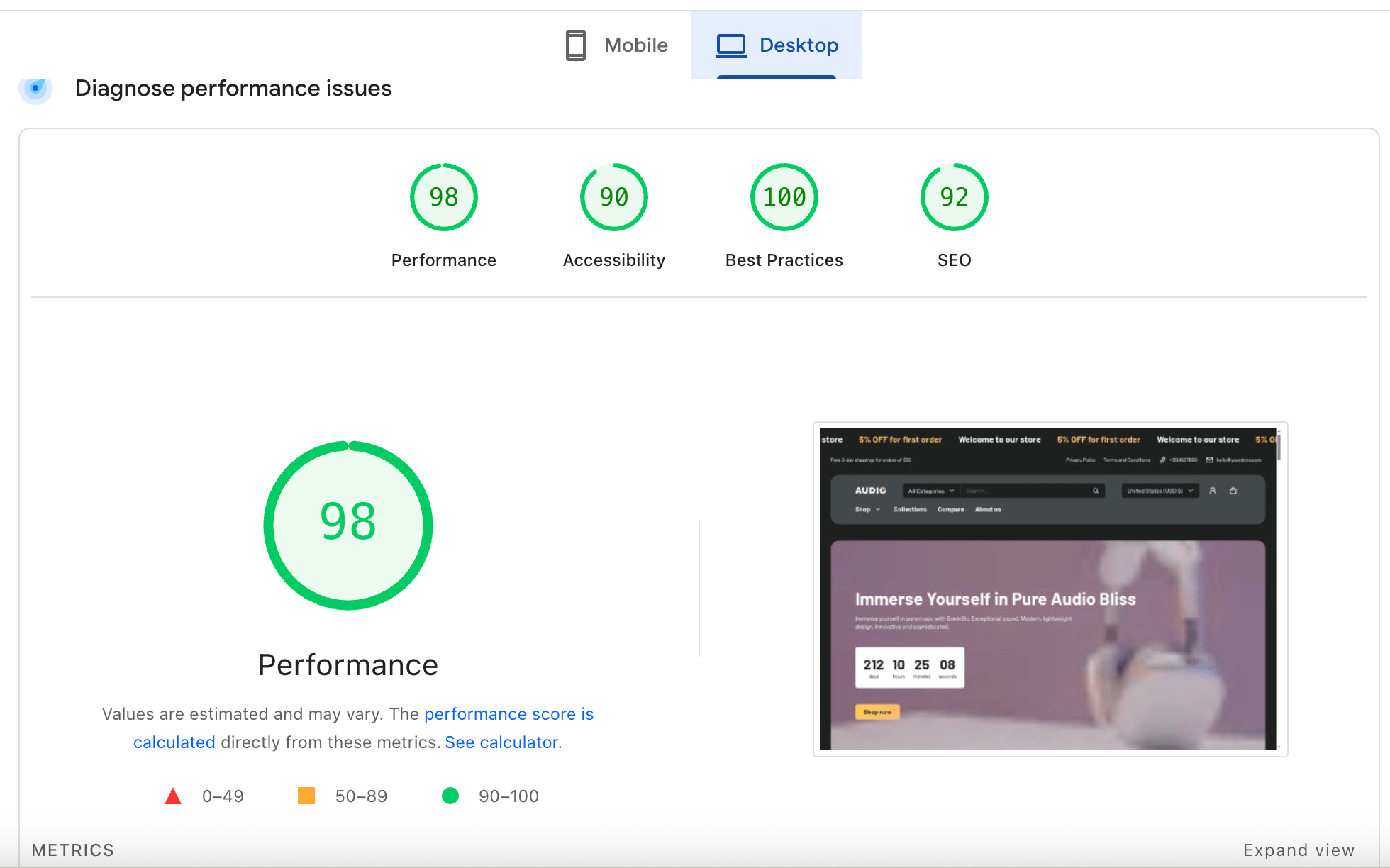 Electro is a great Shopify theme for SEO with a speed score of 98 and SEO score of 92 - all green indexes!