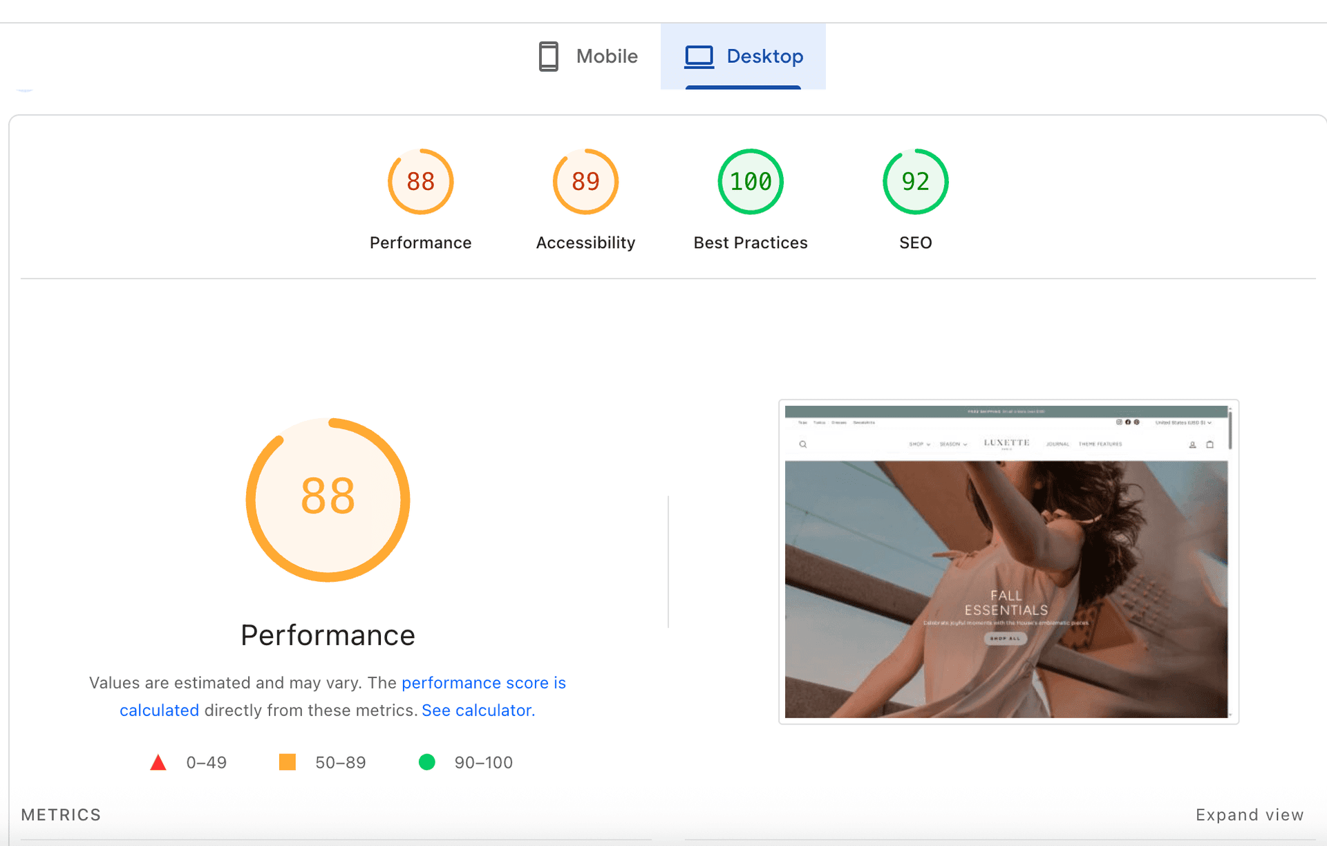 impulse have SEO Score of 92 and speed of 88 - good Shopify theme for SEO