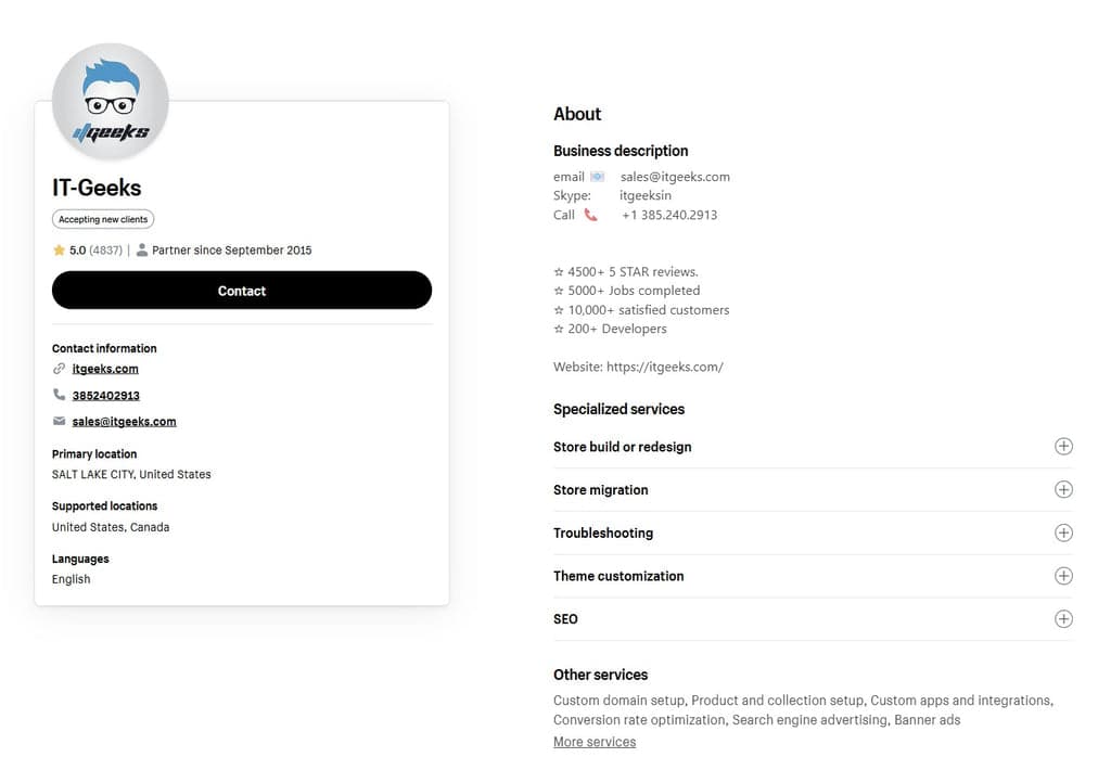 IT Geeks Shopify Partners Listing