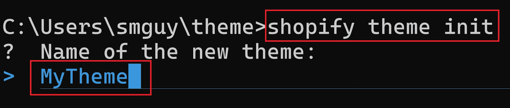 Shopify theme init command line in CMD