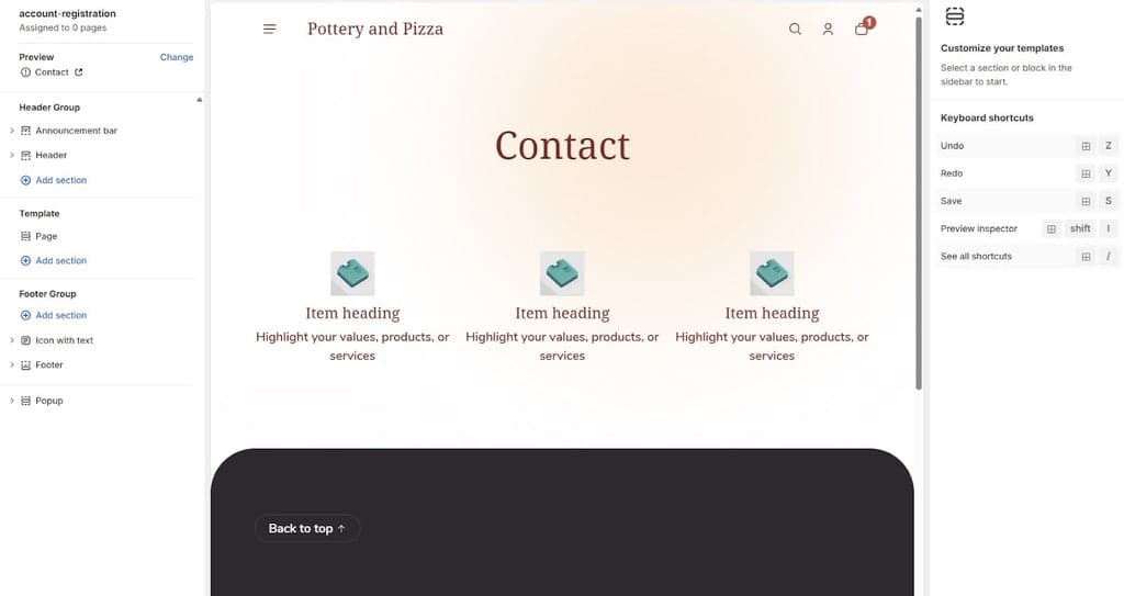 Shopify Theme Editor - Shine Theme - Blank Page Template