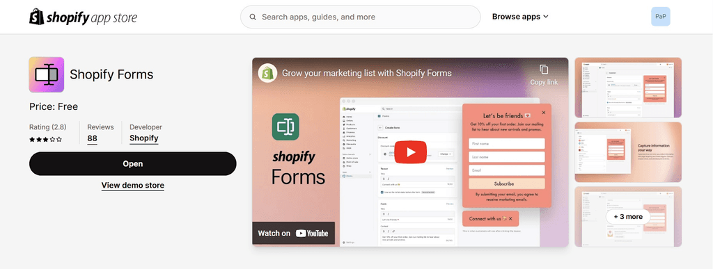 Shopify Forms - Shopify App Store Listing