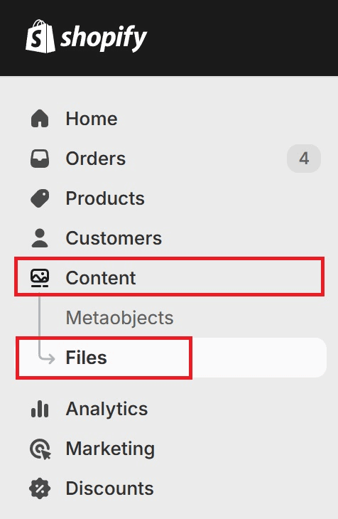 Content Files Navigation Shopify Admin Panel