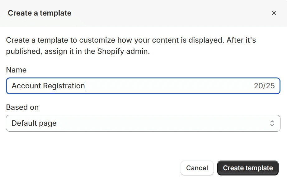 Create a Template Window Shopify Theme Editor