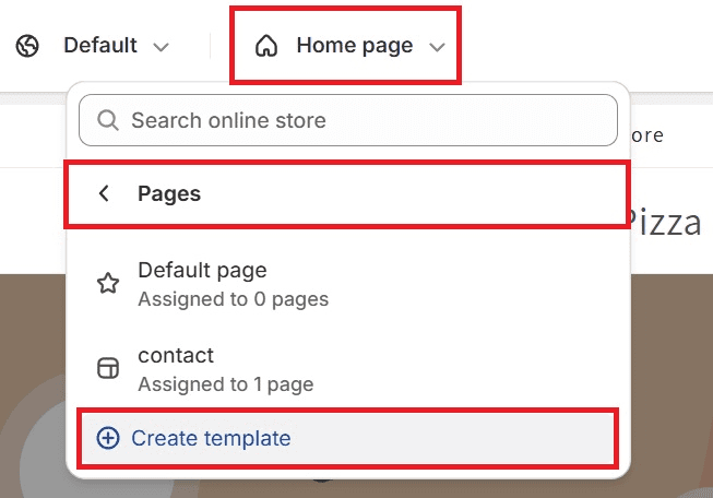 Homepage Pages Create Template Navigation - Shopify Theme Editor