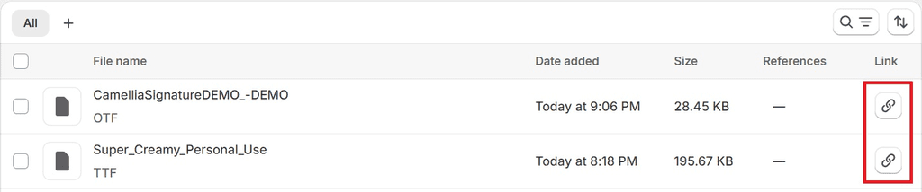 Link Icon Button in Shopify Files