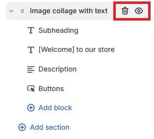 Shopify Theme Editor - Eye and Trash Icon