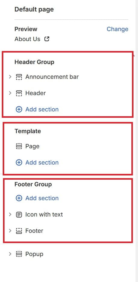 Shopify Theme Editor - Header Group and Template and Footer Group