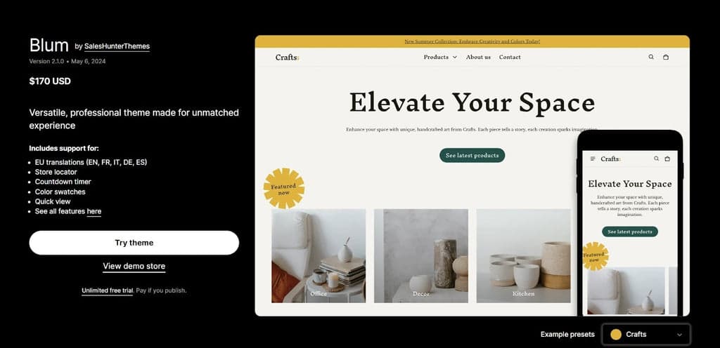Blum Shopify Theme - Shopify Theme Store Listing