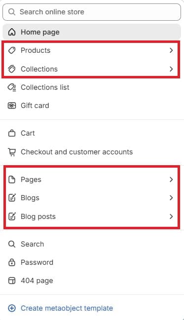 Shopify Theme Editor - Shopify Pages Dropdown - Options with right-pointing arrow