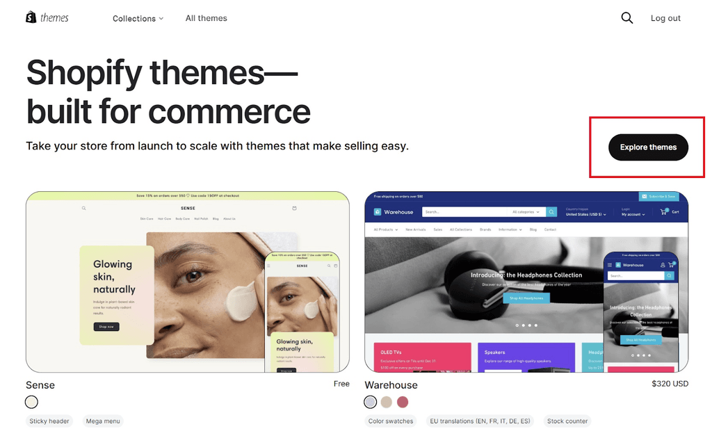 Shopify Theme Store Explore Themes Button