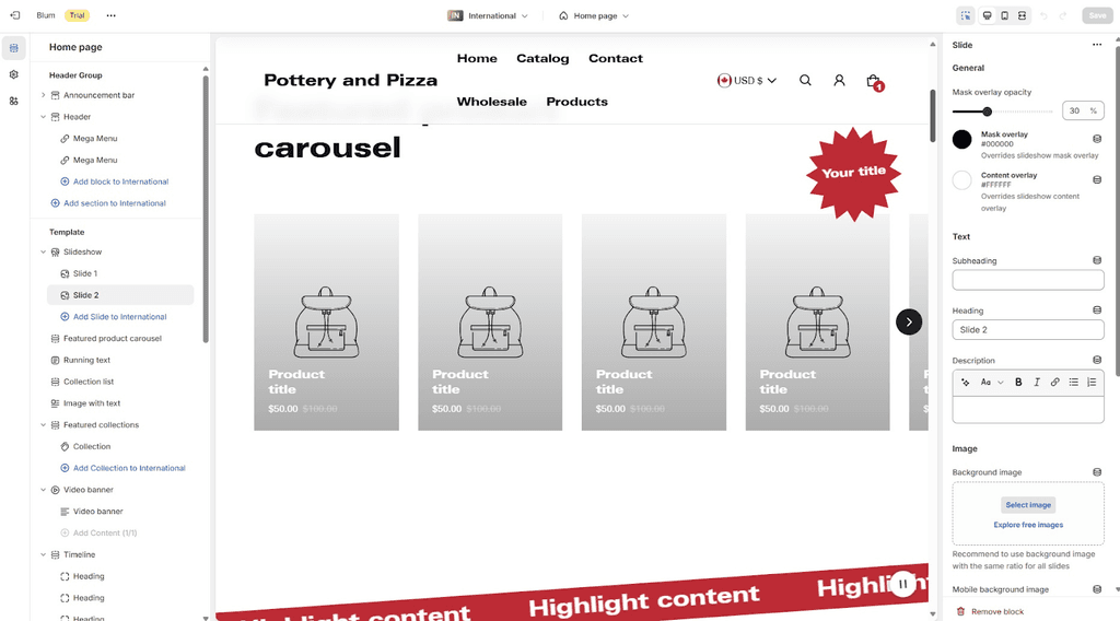 Shopify Theme Editor - Blum Theme