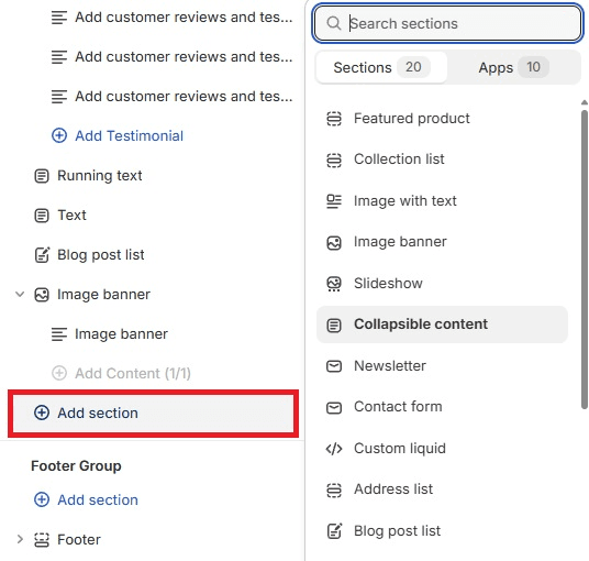 Shopify Theme Editor - Add Section Button - Blum Theme