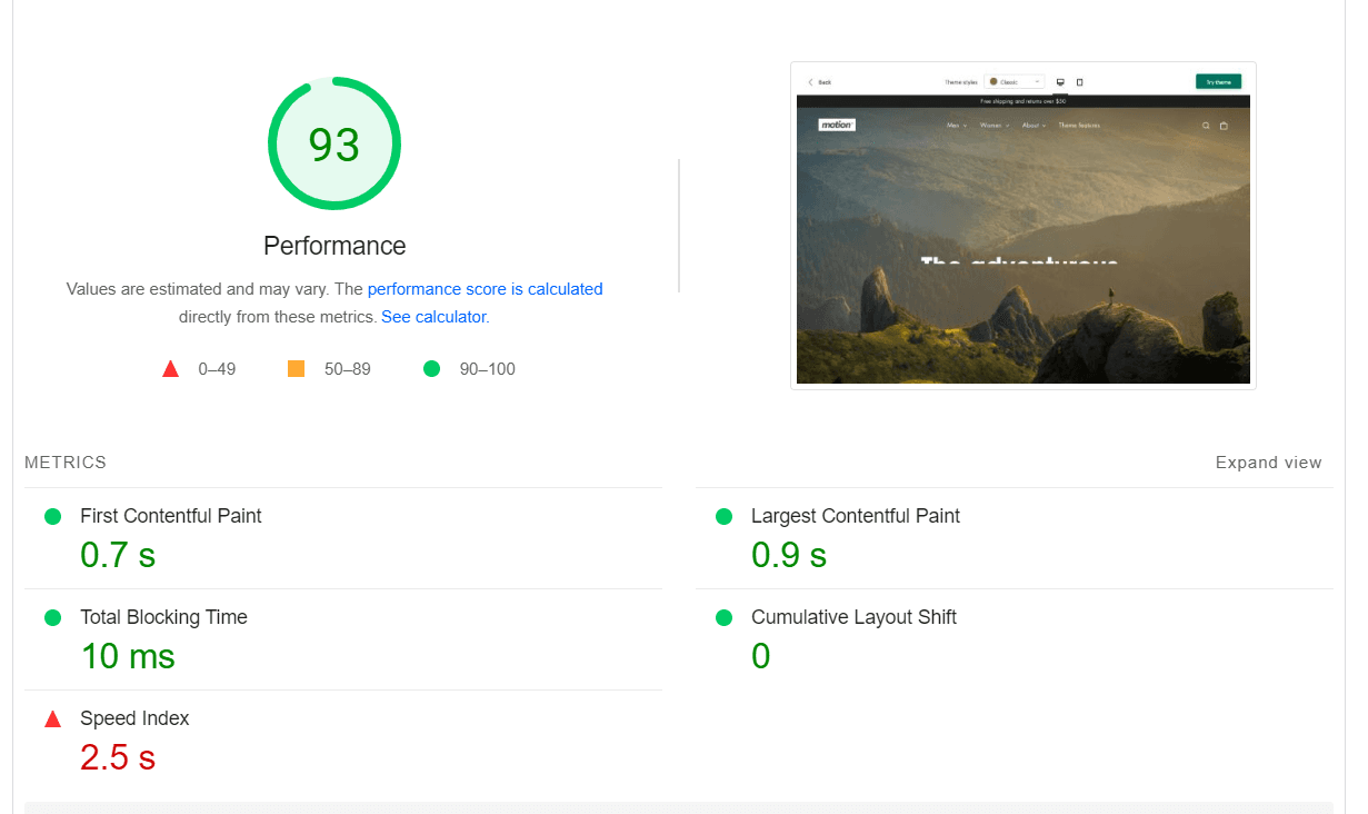 Motion page speed Google Speed insight in desktop