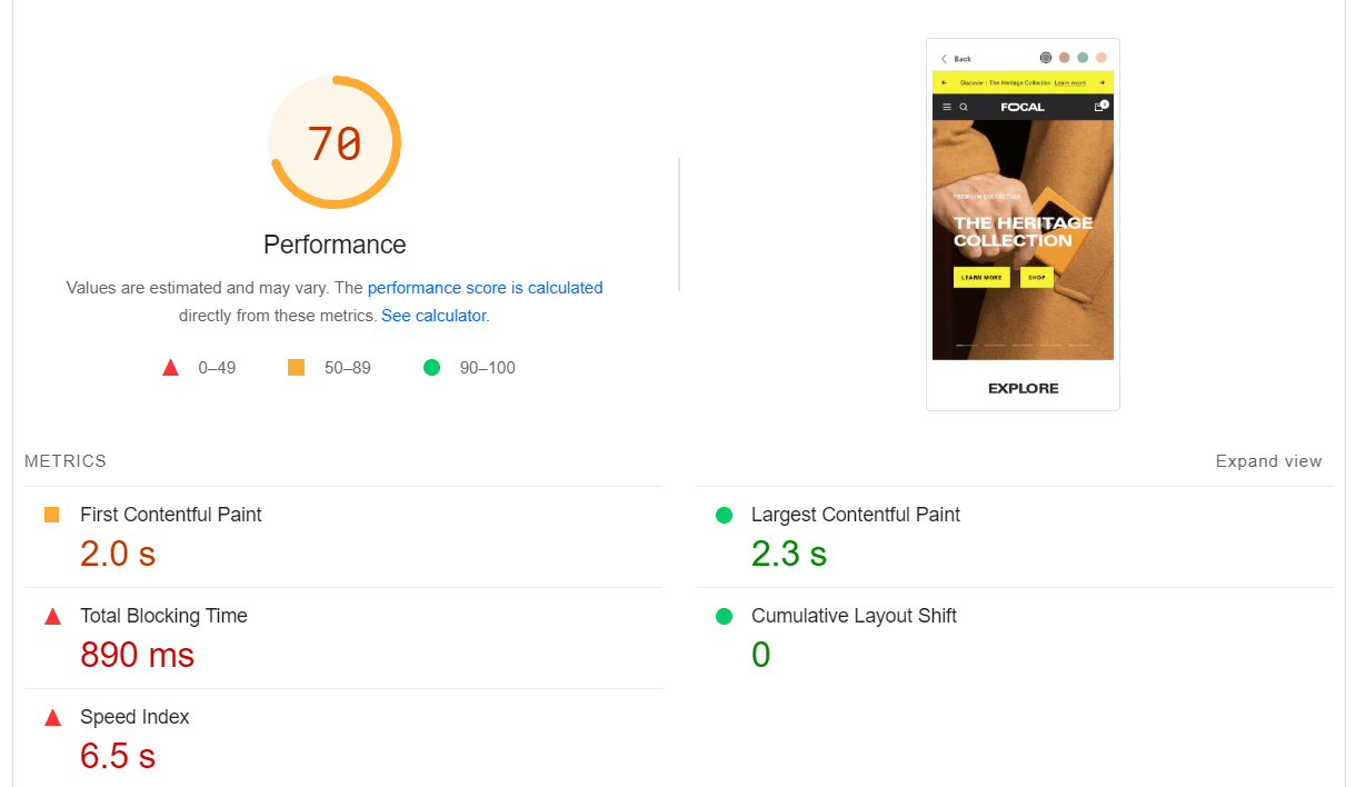 Focal page speed Google Speed insight in mobile