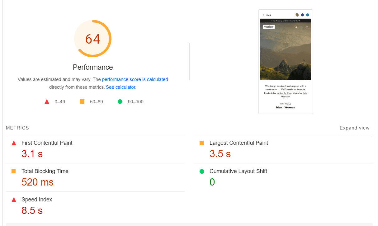 Motion page speed Google Speed insight in mobile