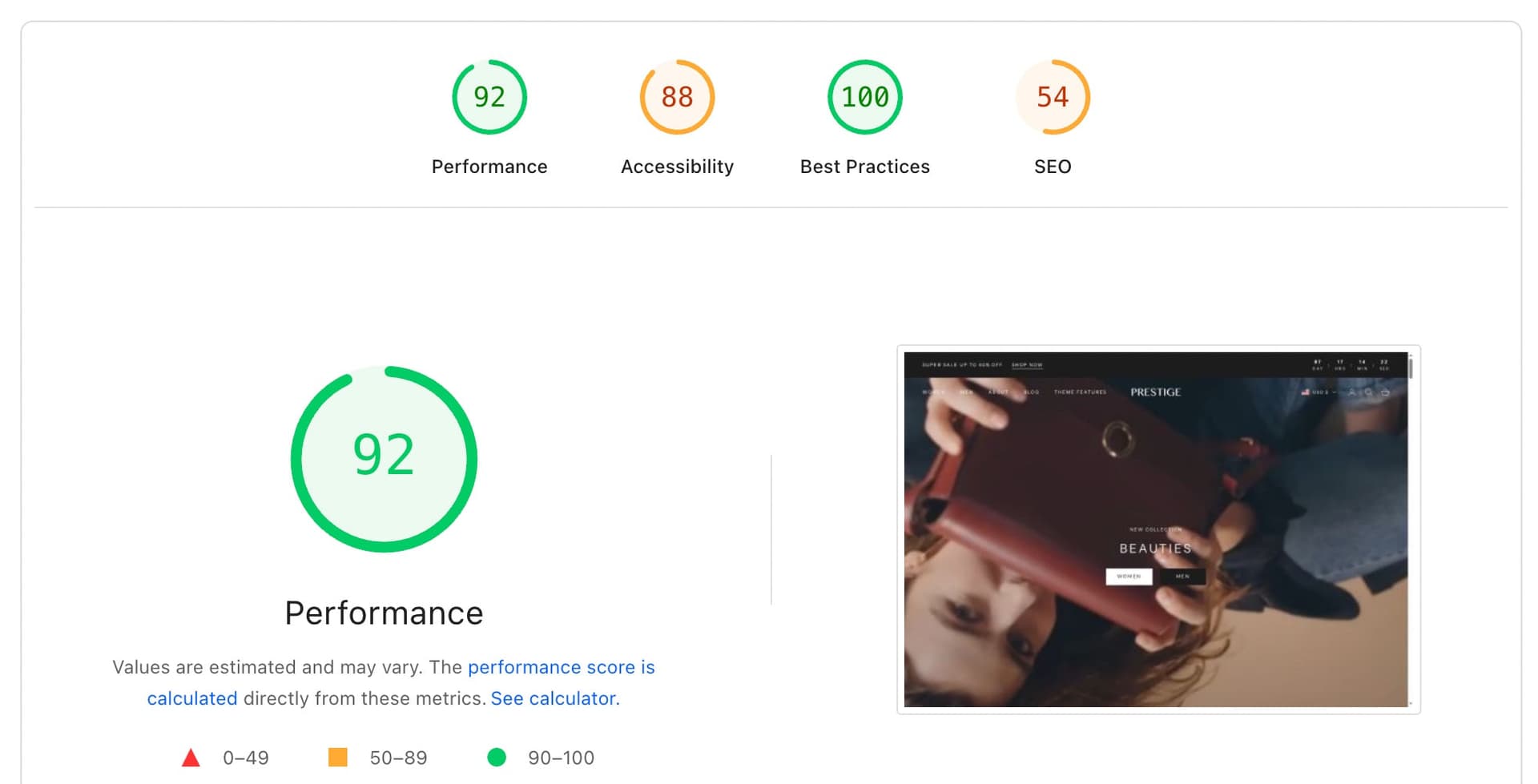 shopify speed score check for prestige mobile - one of the fastest shopify theme