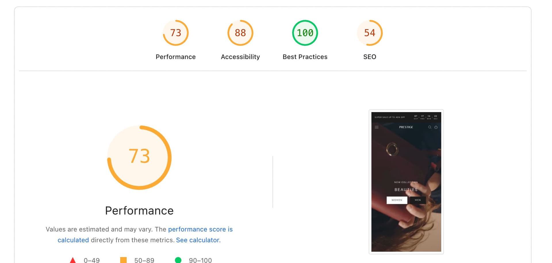 shopify speed score check for prestige - one of the fastest shopify theme