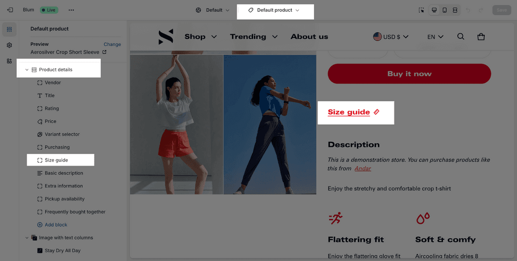 navigate to adjust size guide block in shopify