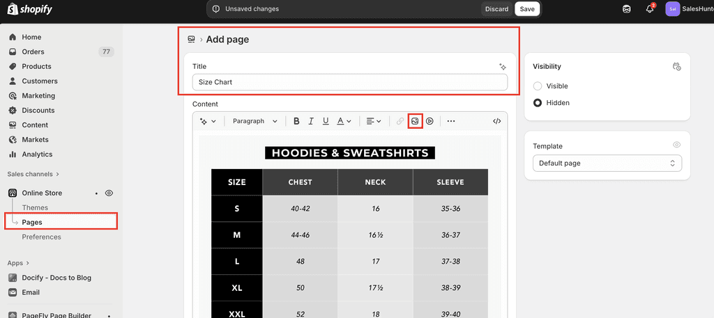 create a Shopify size chart page in Shopify