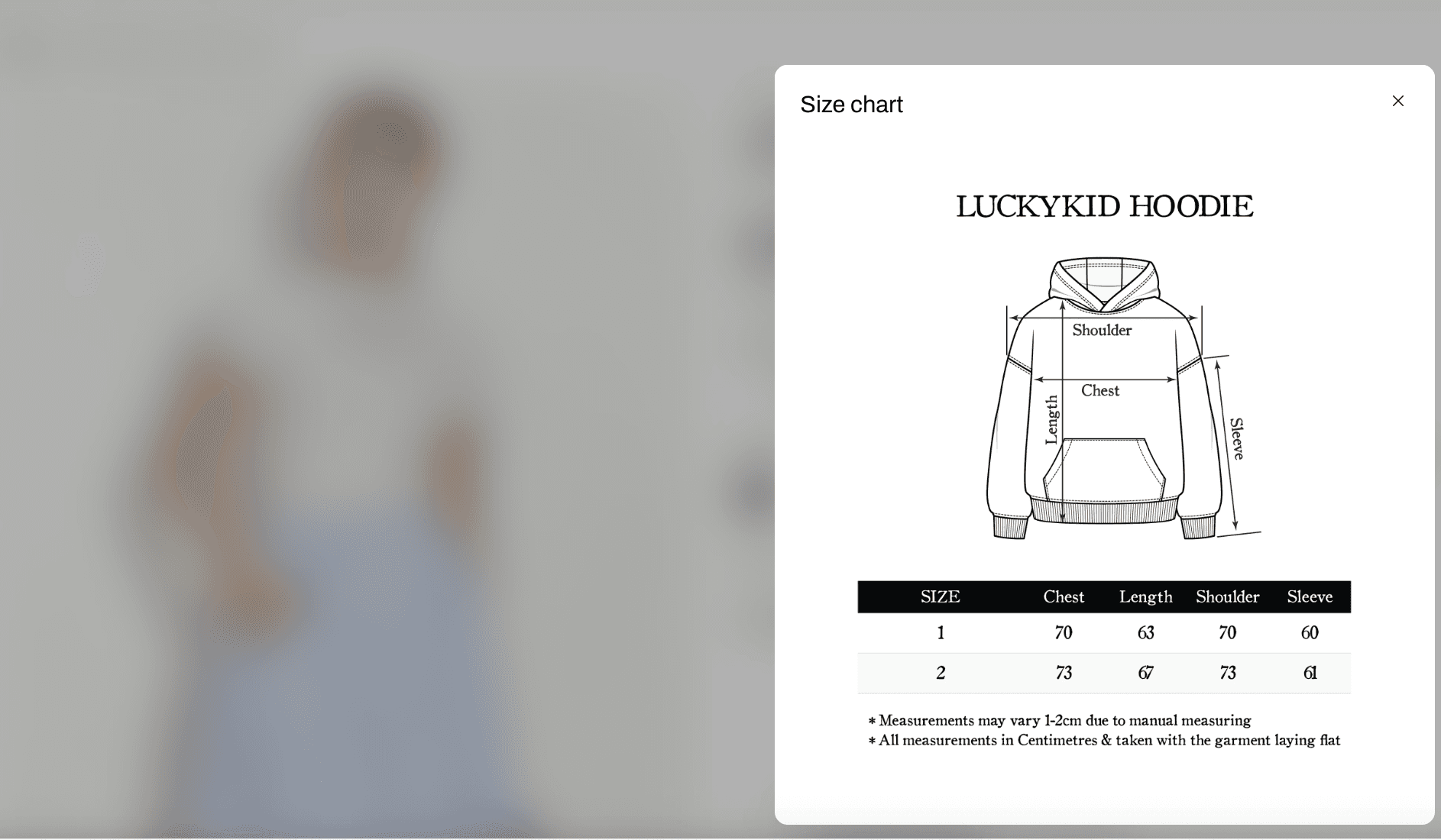 shopify size chart example in normcore