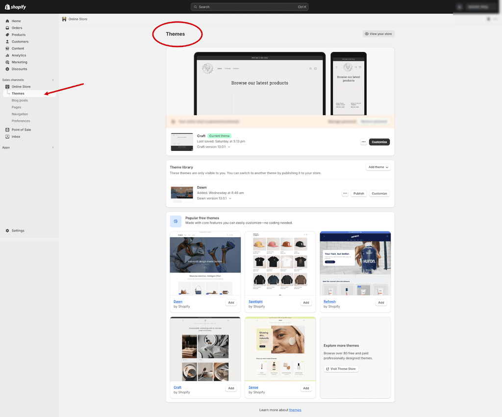 A screenshot of the Themes page on the Shopify dashboard