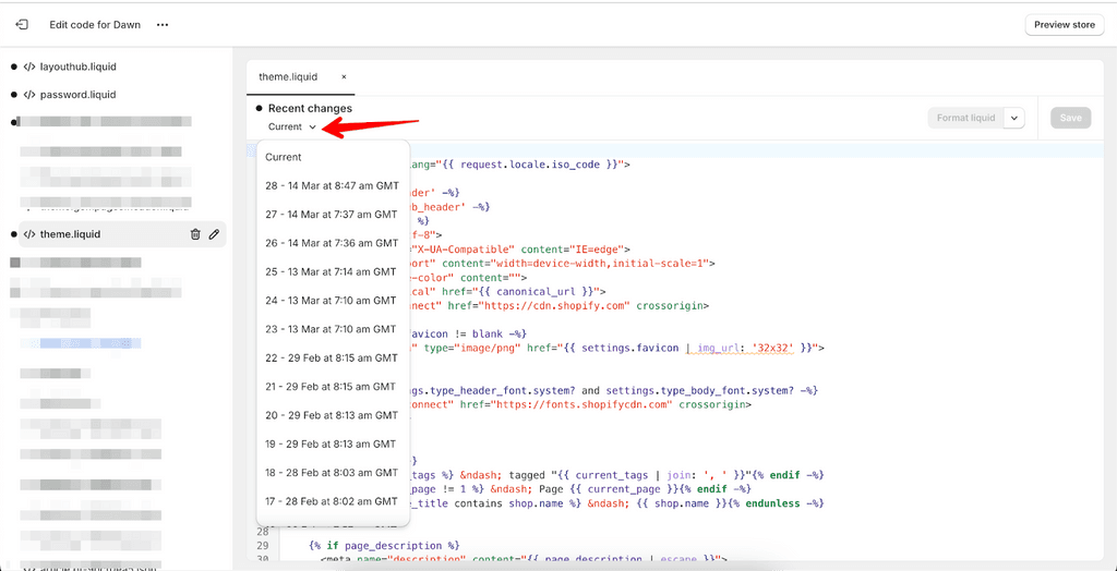 Revert to this version Shopify