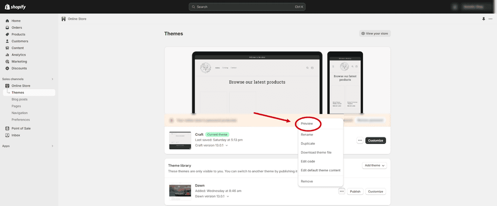 A screenshot of the Shopify dashboard with a red arrow pointing to Preview encircled in a red oval