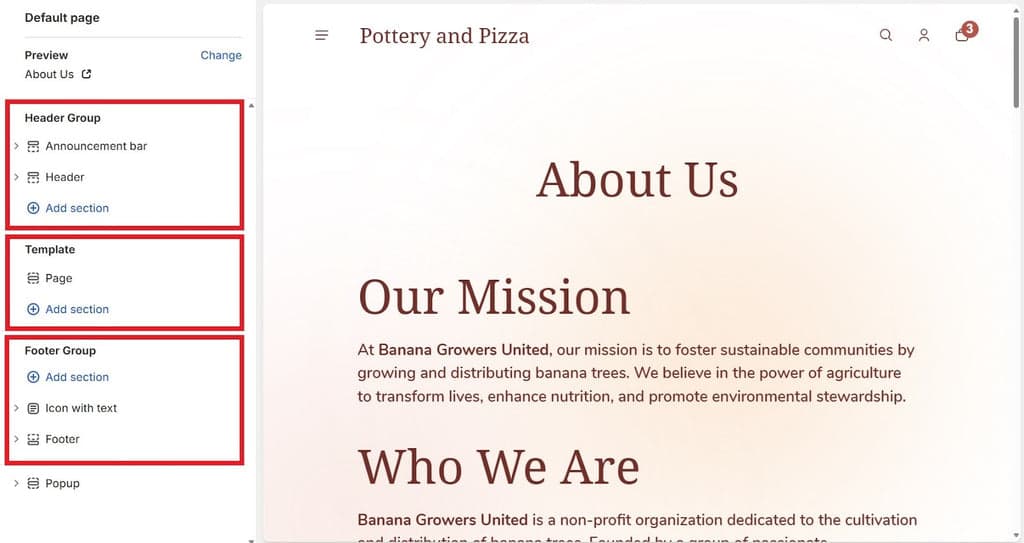 Shine Theme - Header Template and Footer Groups