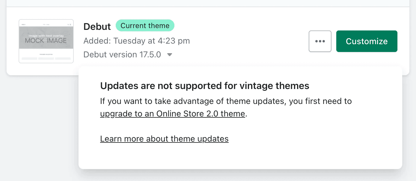 Updates Not Supported Due To Shopify Themes 2.0