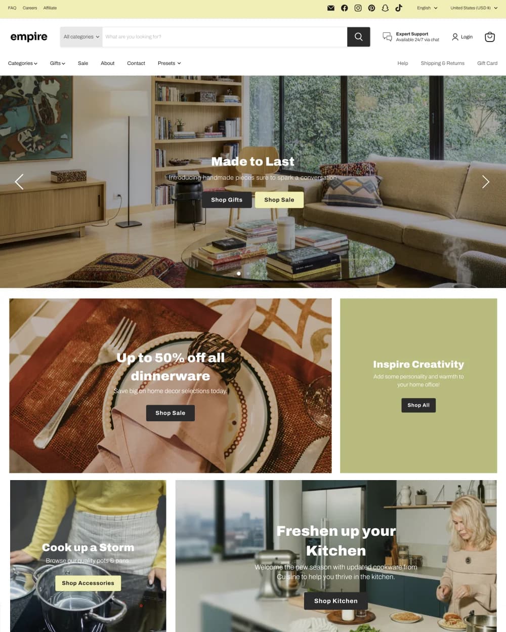 Empire Shopify theme storefront showing Amazon-style discovery and mega menu navigation