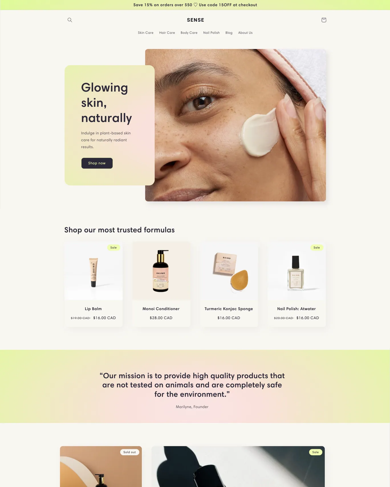 Sense Shopify theme storefront homepage