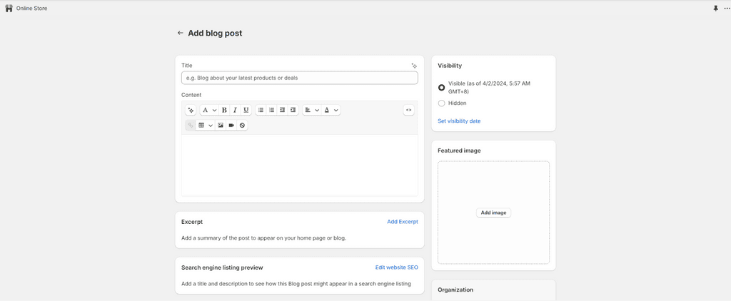 blog setting dash board shopify