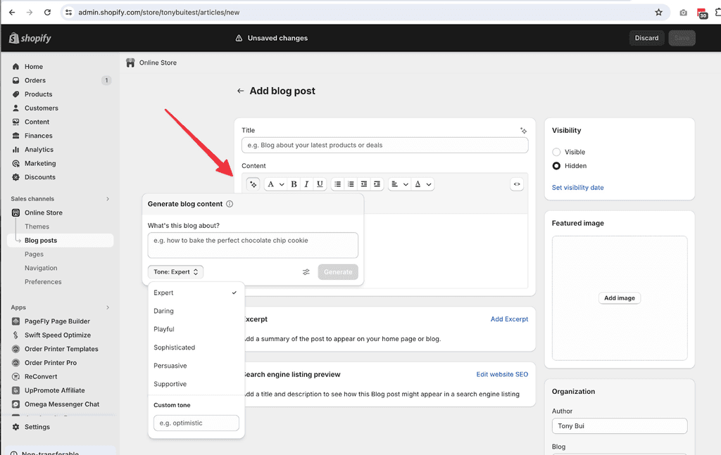 blog post setting of Shopify