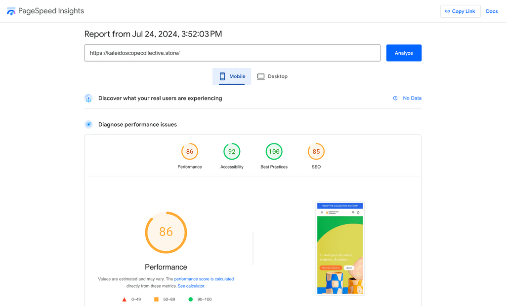 Blum theme page speed test on mobile version
