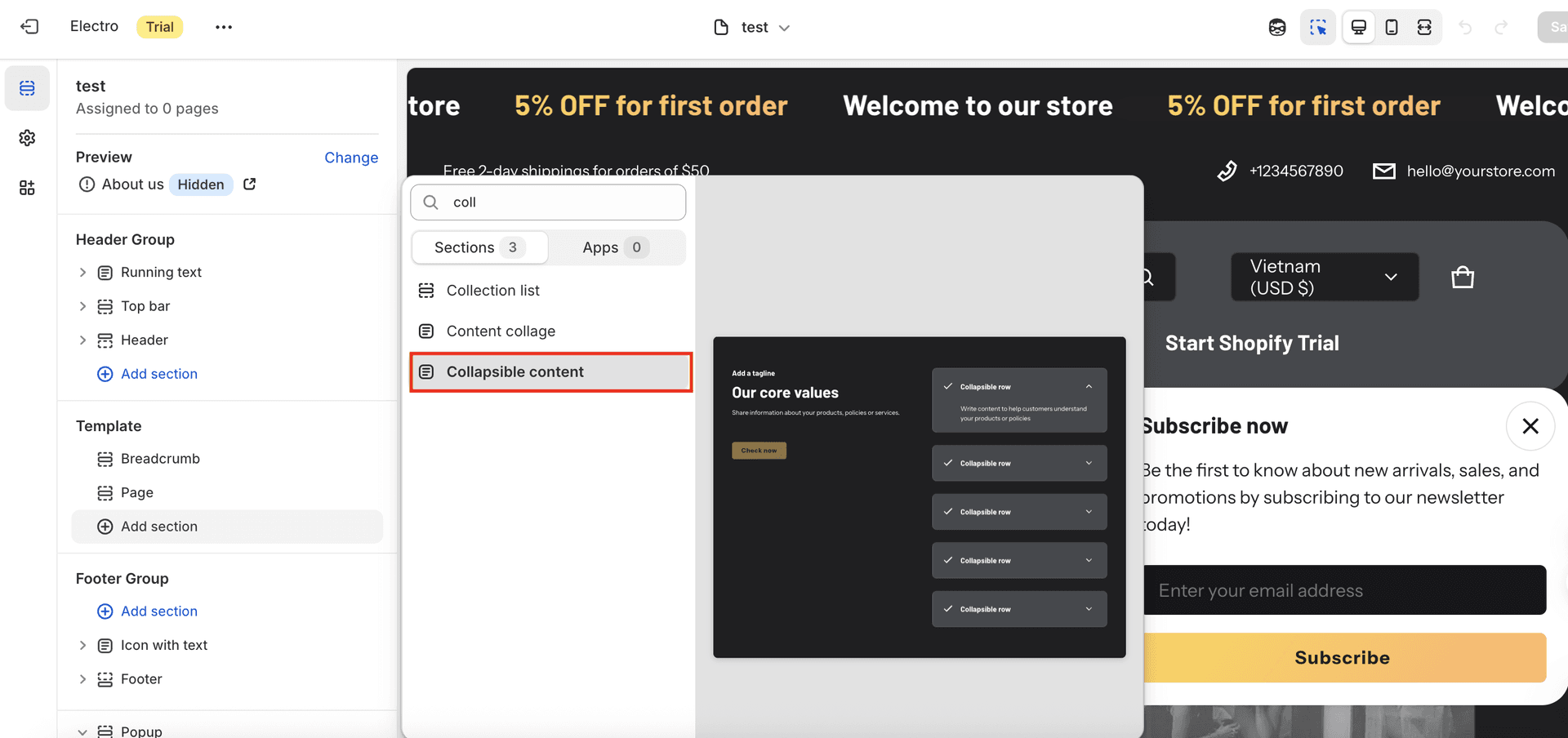 Add a New Collapsible content Section