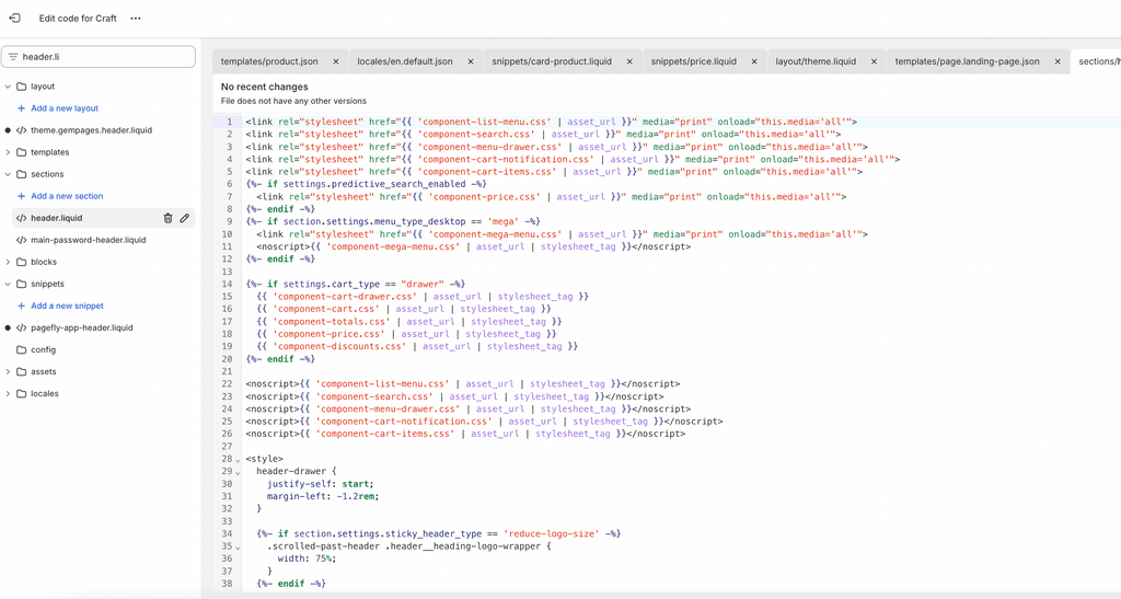 header in code