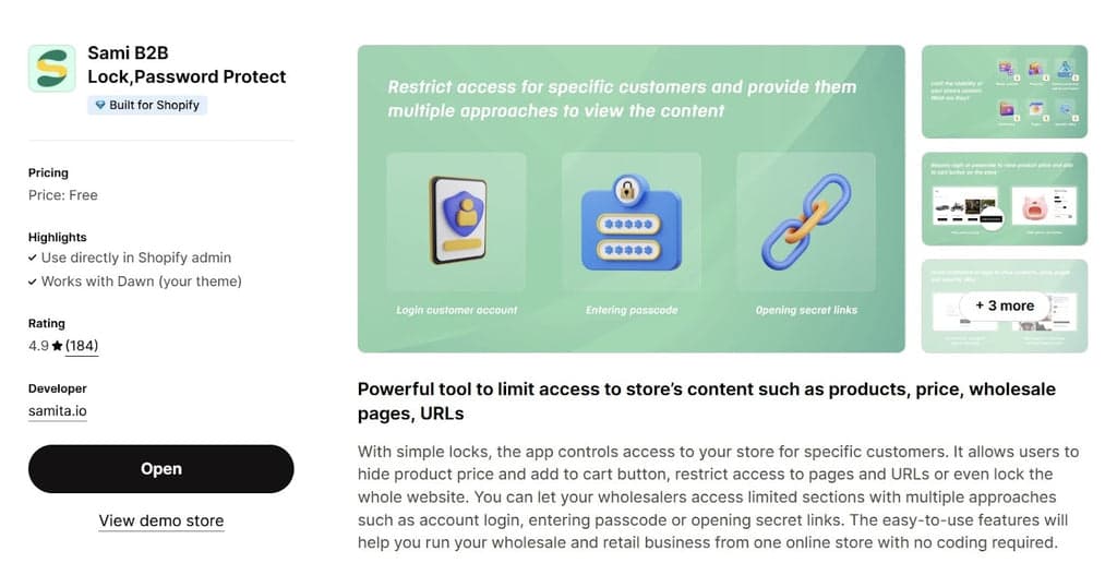 Sami B2B Lock - Shopify App Store Listing