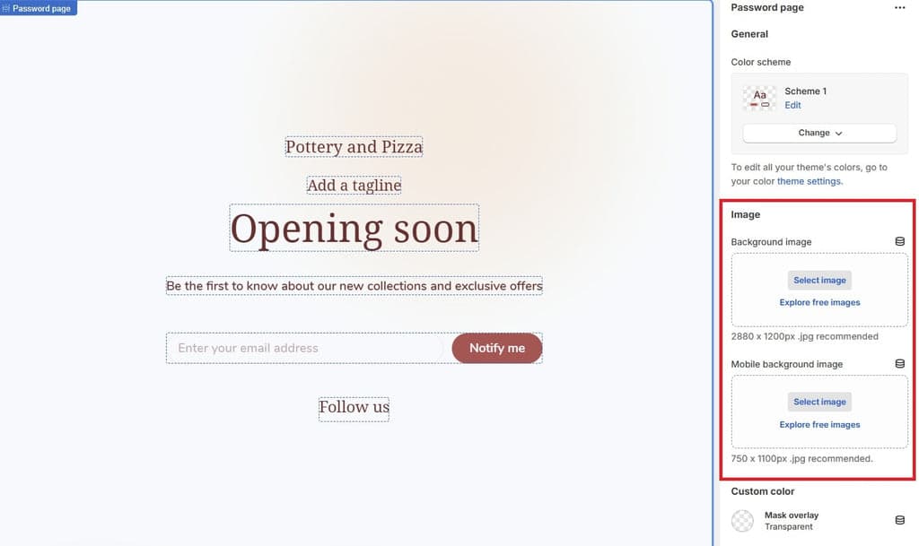 Shopify Theme Editor - Password Page Section - Background Image Options