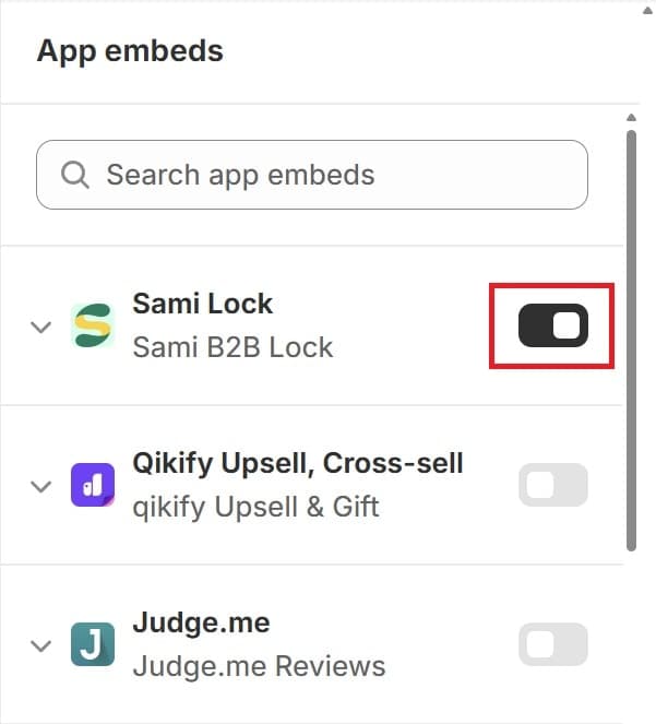 Sami Lock App Embed - Shopify Theme Editor