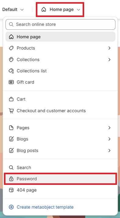Home Page - Password Navigation in the Shopify Theme Editor