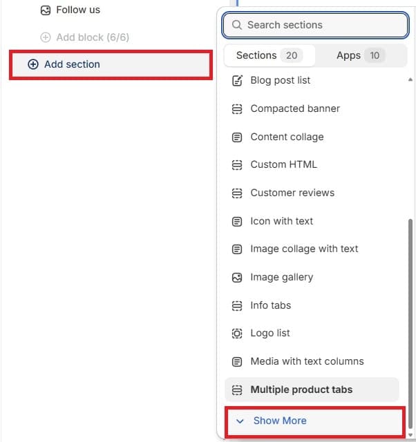 Shopify Theme Editor - Add Section - Show More