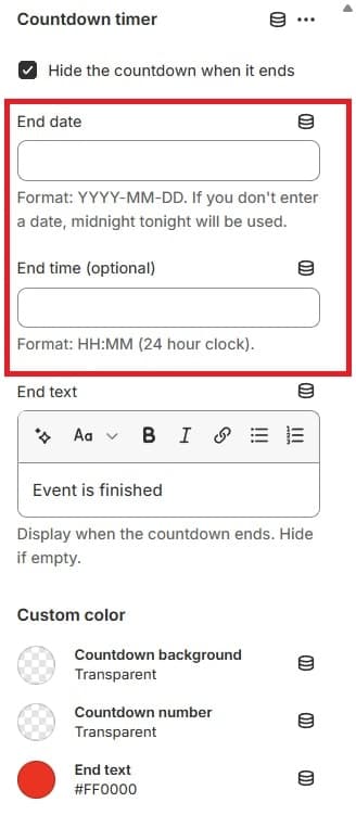 Shopify Theme Editor - End Time and End Date Fields for Countdown Block Settings